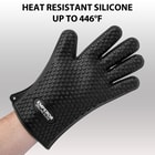 “Heat Resistant Silicone Up to 446 F” text shown above a photo of the black textured Emperor Grilling Glove on a hand.